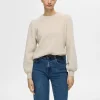 Strik>SELECTED LANGÆRMET STRIKTRØJE Beige