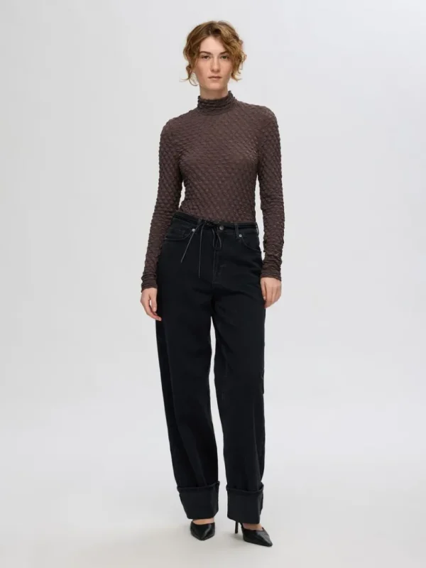 Toppe Og Bluser>SELECTED MED TEKSTUR TOP MED LANGE ÆRMER Brown