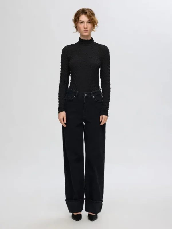 Toppe Og Bluser>SELECTED MED TEKSTUR TOP MED LANGE ÆRMER Black