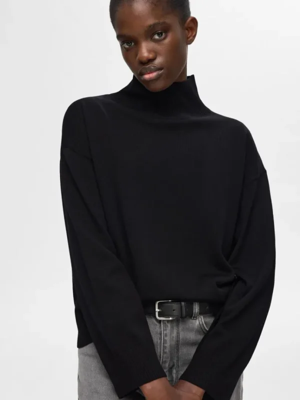 Strik>SELECTED 100% MERINOULD HØJHALSET TRØJE Black