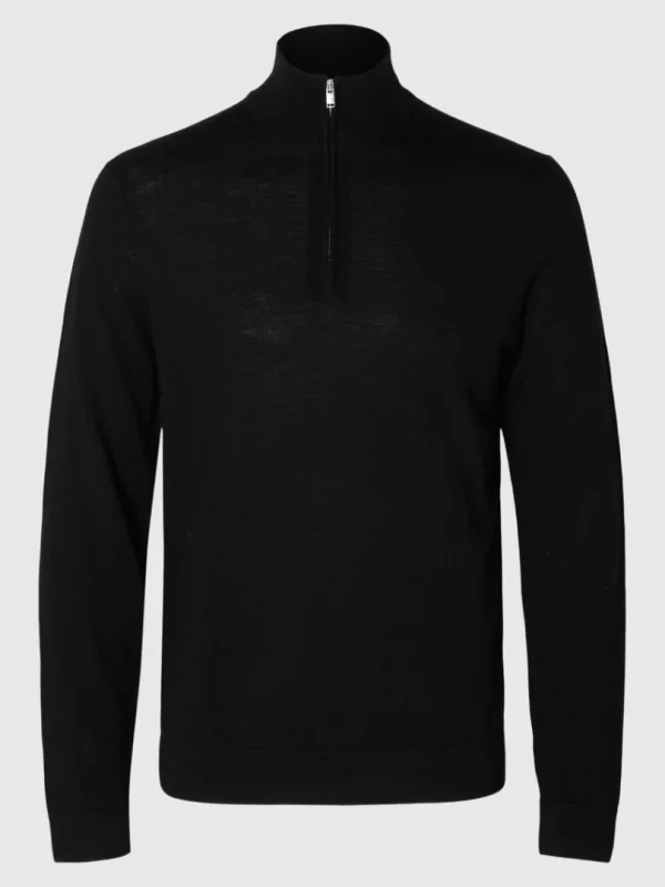 Strik>SELECTED 100% MERINOULD TRØJE MED HALV LYNLÅS Black