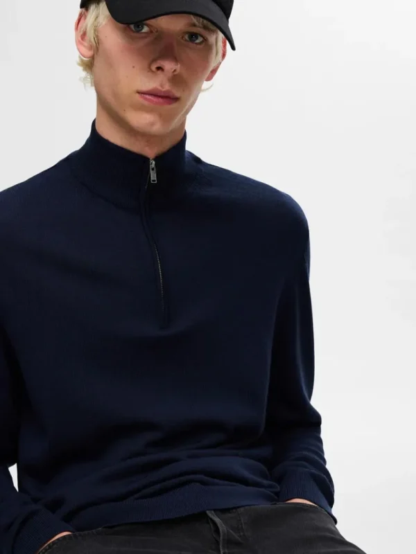 Strik>SELECTED 100% MERINOULD TRØJE MED HALV LYNLÅS Blue
