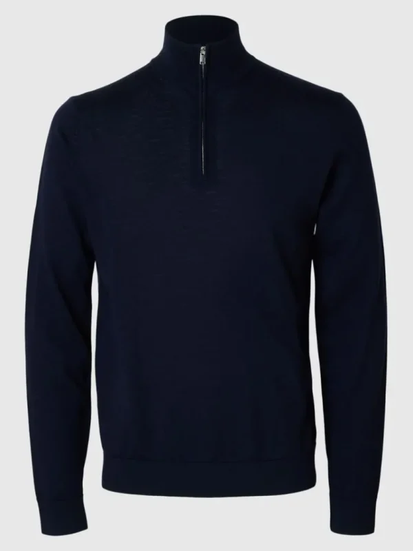 Strik>SELECTED 100% MERINOULD TRØJE MED HALV LYNLÅS Blue