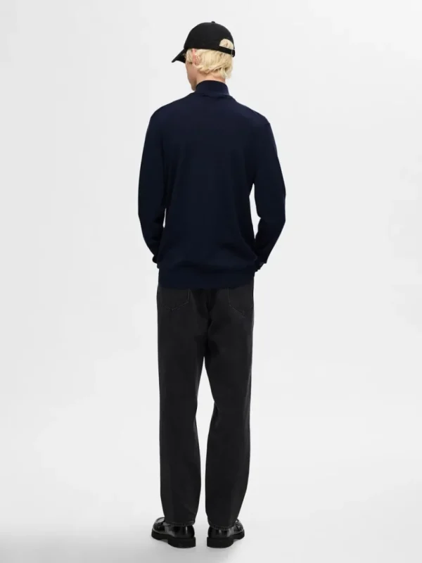 Strik>SELECTED 100% MERINOULD TRØJE MED HALV LYNLÅS Blue