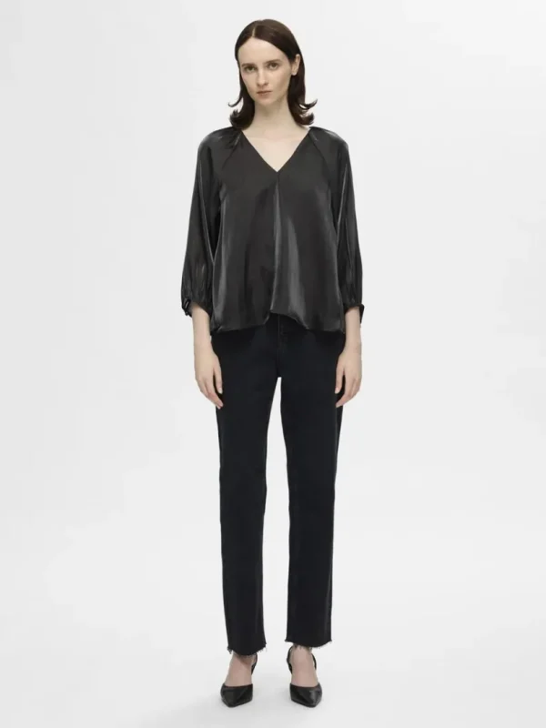 Toppe Og Bluser>SELECTED METALLISK BLUSE MED V-HALS Black