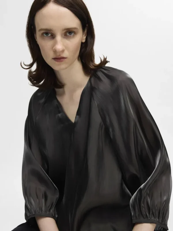 Toppe Og Bluser>SELECTED METALLISK BLUSE MED V-HALS Black