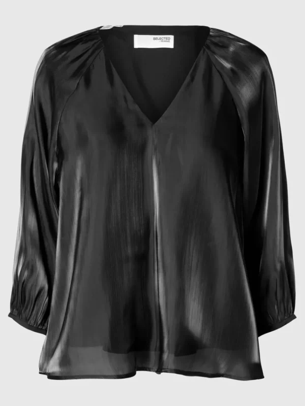 Toppe Og Bluser>SELECTED METALLISK BLUSE MED V-HALS Black