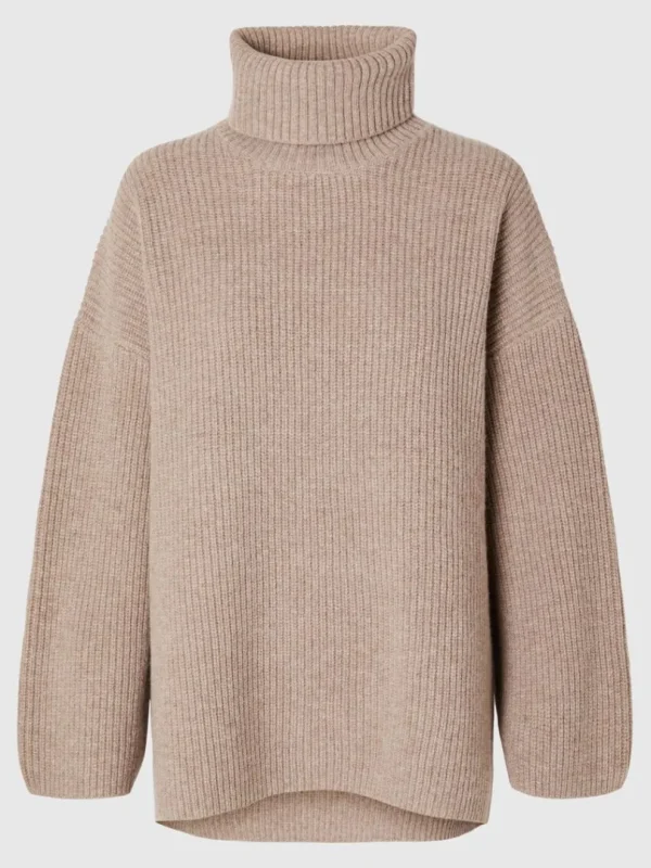 Strik>SELECTED OVERSIZE RULLEKRAVE STRIKTRØJE Brown