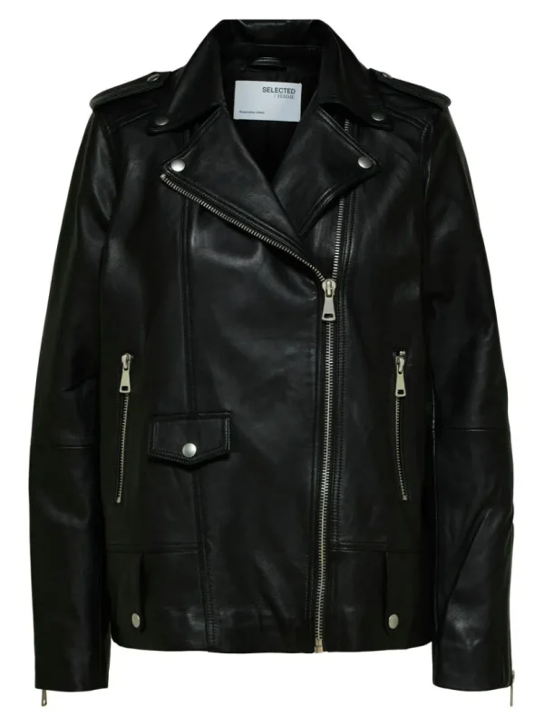 Overtøj>SELECTED OVERSIZED LÆDERJAKKE Black