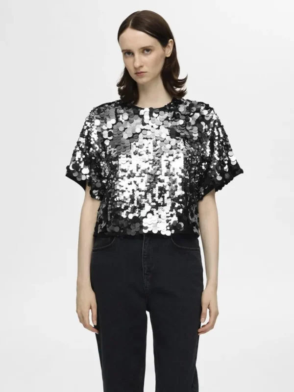 Toppe Og Bluser>SELECTED PAILLETTER KORT TOP Silver