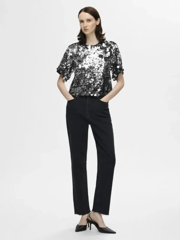 Toppe Og Bluser>SELECTED PAILLETTER KORT TOP Silver