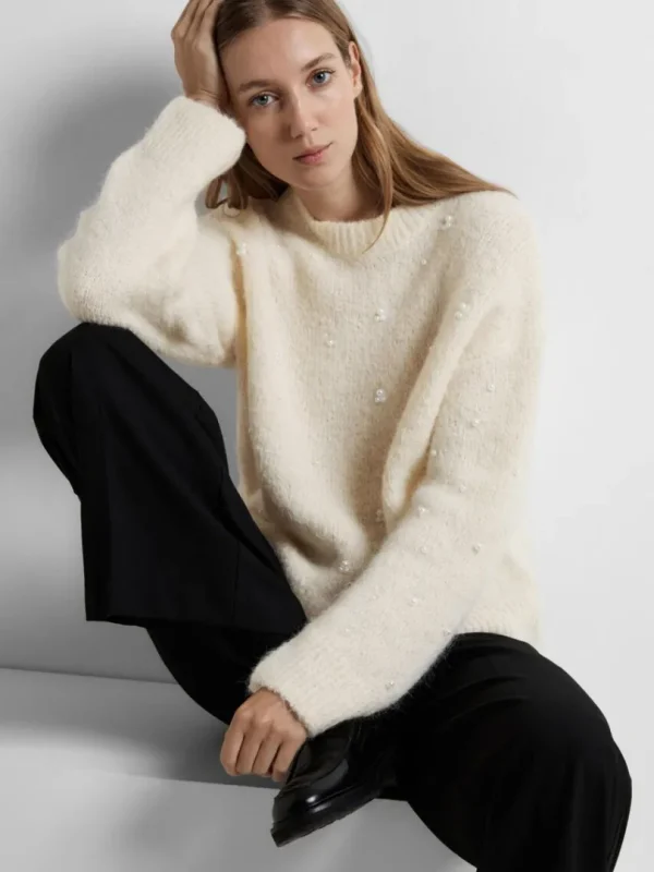 Strik>SELECTED PERLEDETALJE STRIKTRØJE Beige
