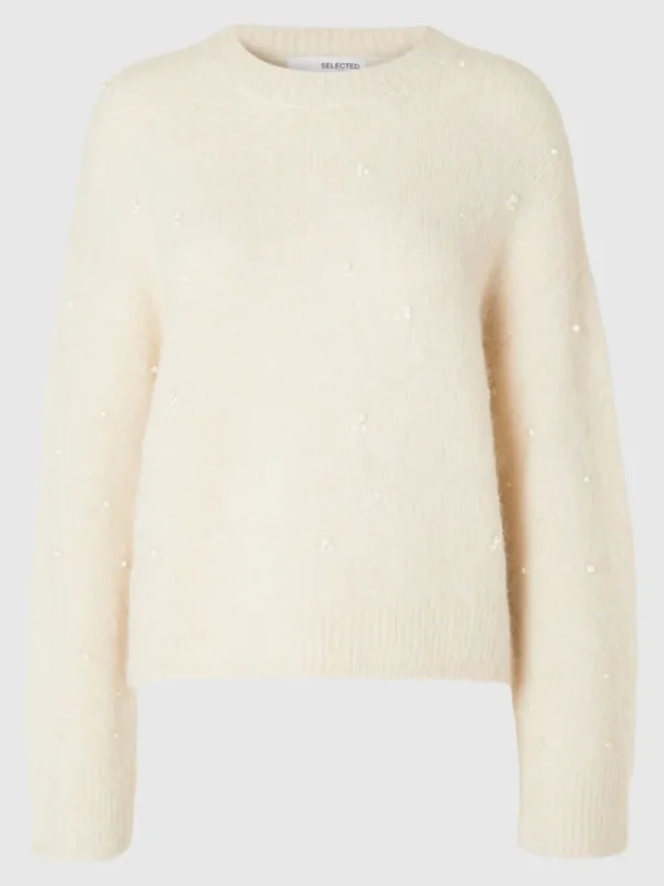 Strik>SELECTED PERLEDETALJE STRIKTRØJE Beige