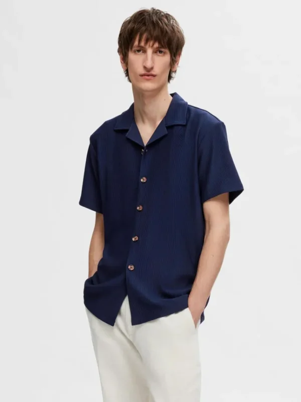 Skjorter>SELECTED RIBBET CUBAN-COLLAR KORTÆRMET SKJORTE Blue