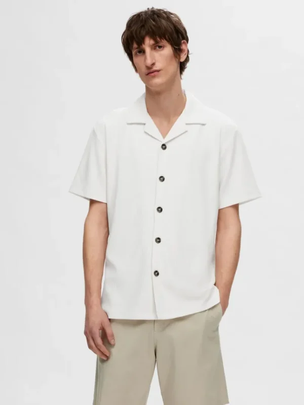 Skjorter>SELECTED RIBBET CUBAN-COLLAR KORTÆRMET SKJORTE White