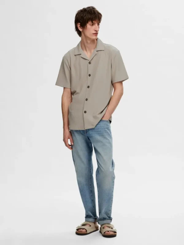 Skjorter>SELECTED RIBBET CUBAN-COLLAR KORTÆRMET SKJORTE Beige