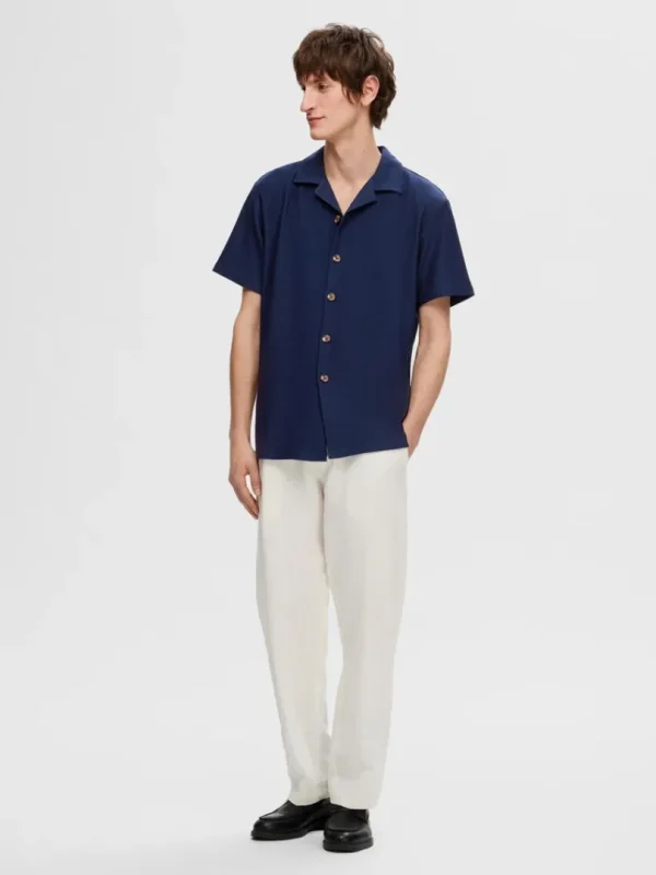 Skjorter>SELECTED RIBBET CUBAN-COLLAR KORTÆRMET SKJORTE Blue