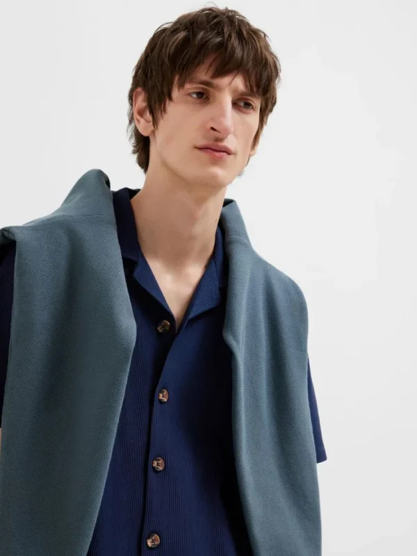 Skjorter>SELECTED RIBBET CUBAN-COLLAR KORTÆRMET SKJORTE Blue