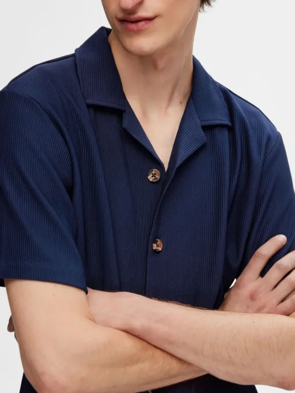 Skjorter>SELECTED RIBBET CUBAN-COLLAR KORTÆRMET SKJORTE Blue