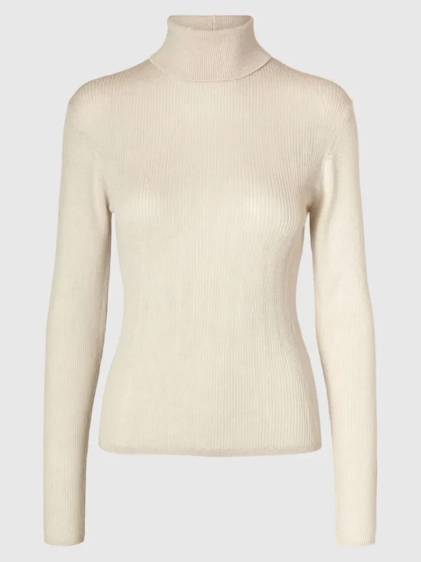 Strik>SELECTED RIBBET RULLEKRAVE Beige