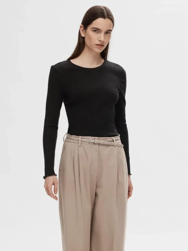 T-shirts>SELECTED RIBBET TOP MED LANGE ÆRMER Black