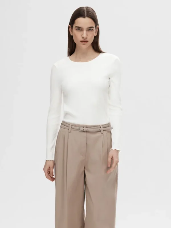 T-shirts>SELECTED RIBBET TOP MED LANGE ÆRMER White