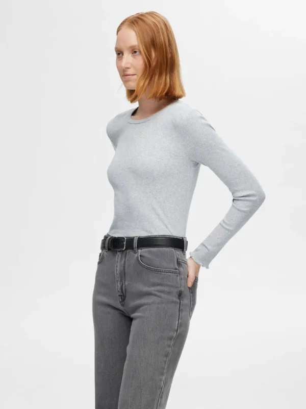 T-shirts>SELECTED RIBBET TOP MED LANGE ÆRMER Grey