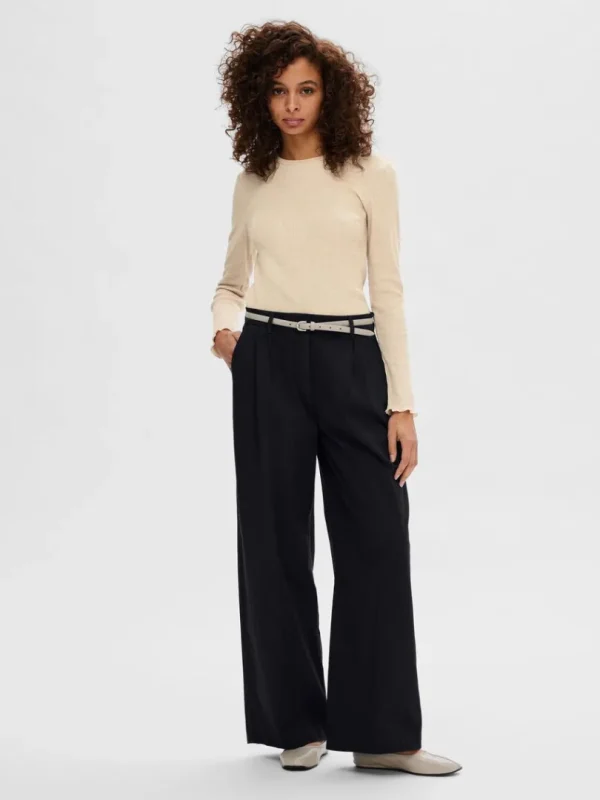 T-shirts>SELECTED RIBBET TOP MED LANGE ÆRMER Beige