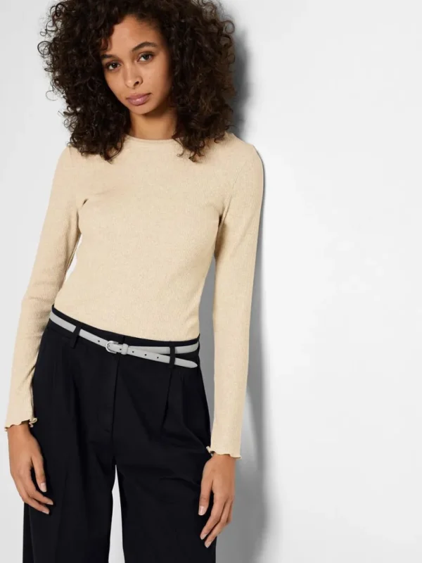 T-shirts>SELECTED RIBBET TOP MED LANGE ÆRMER Beige