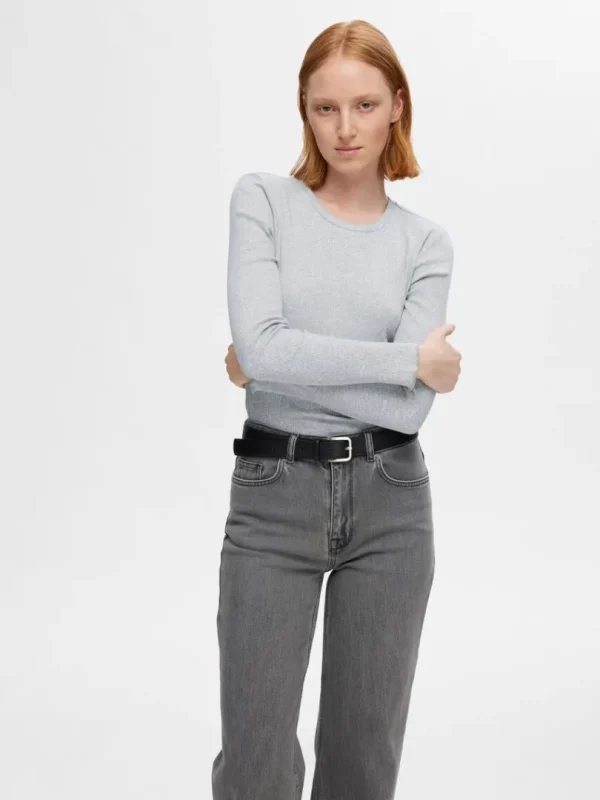 T-shirts>SELECTED RIBBET TOP MED LANGE ÆRMER Grey