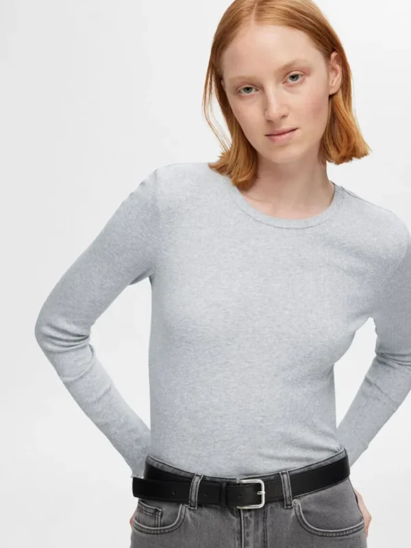 T-shirts>SELECTED RIBBET TOP MED LANGE ÆRMER Grey