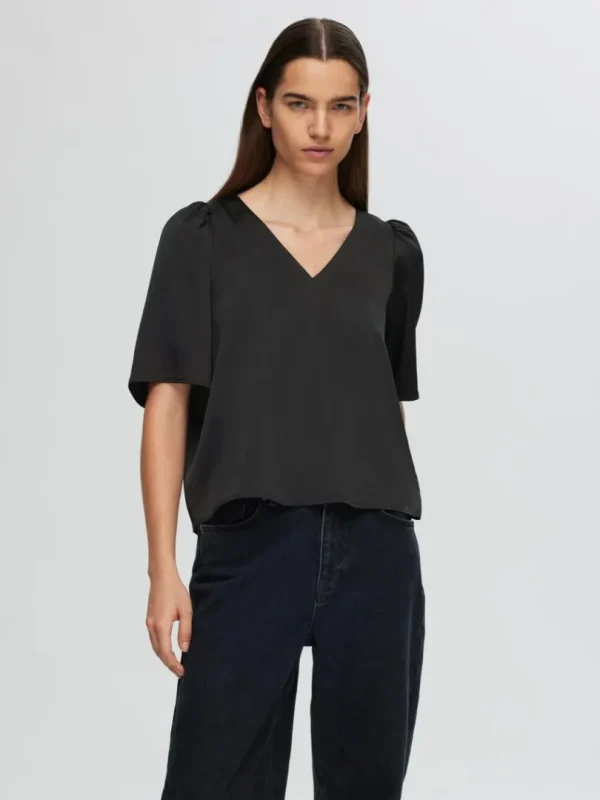 Toppe Og Bluser>SELECTED SATIN BLUSE MED 2/4-ÆRMER Black