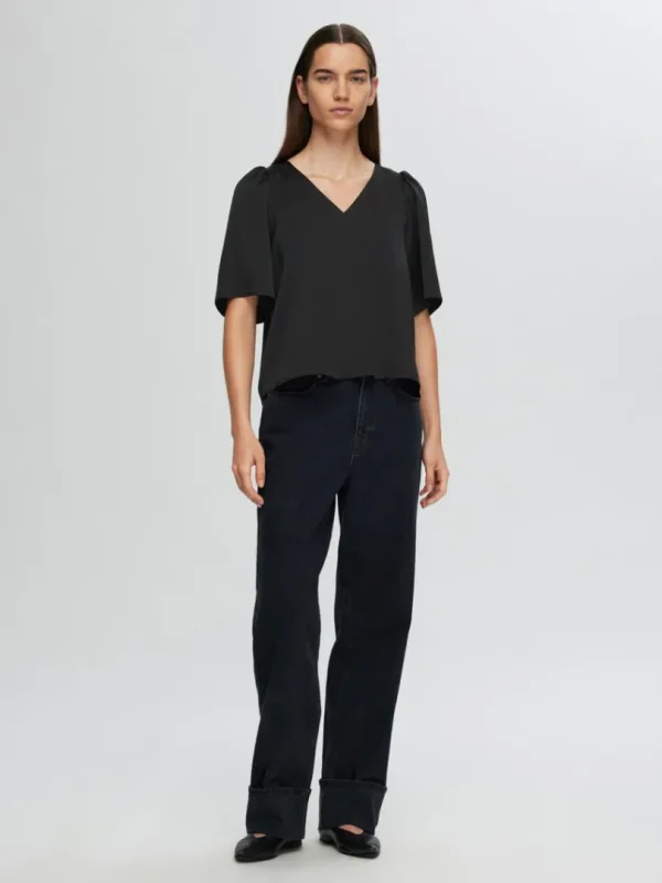Toppe Og Bluser>SELECTED SATIN BLUSE MED 2/4-ÆRMER Black