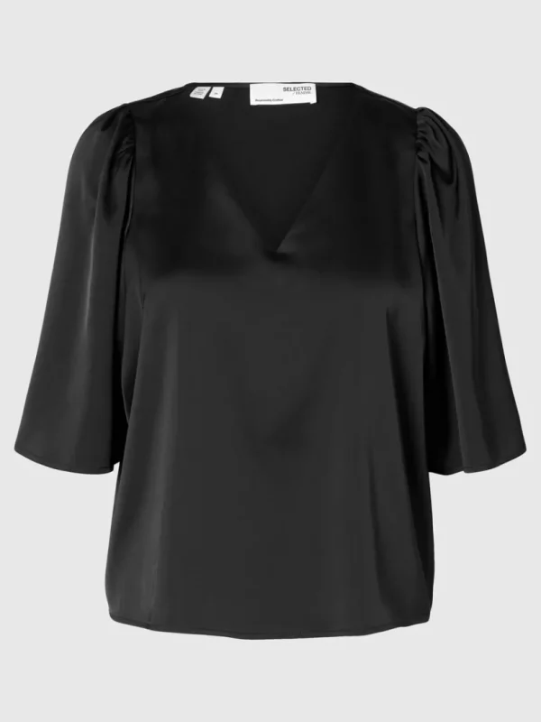 Toppe Og Bluser>SELECTED SATIN BLUSE MED 2/4-ÆRMER Black