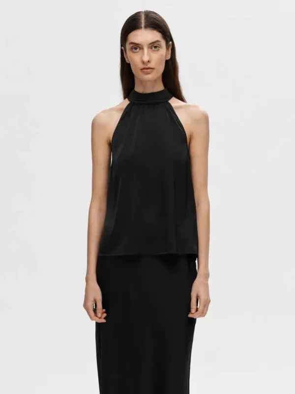 Toppe Og Bluser>SELECTED SATIN HALTERNECK TOP Black