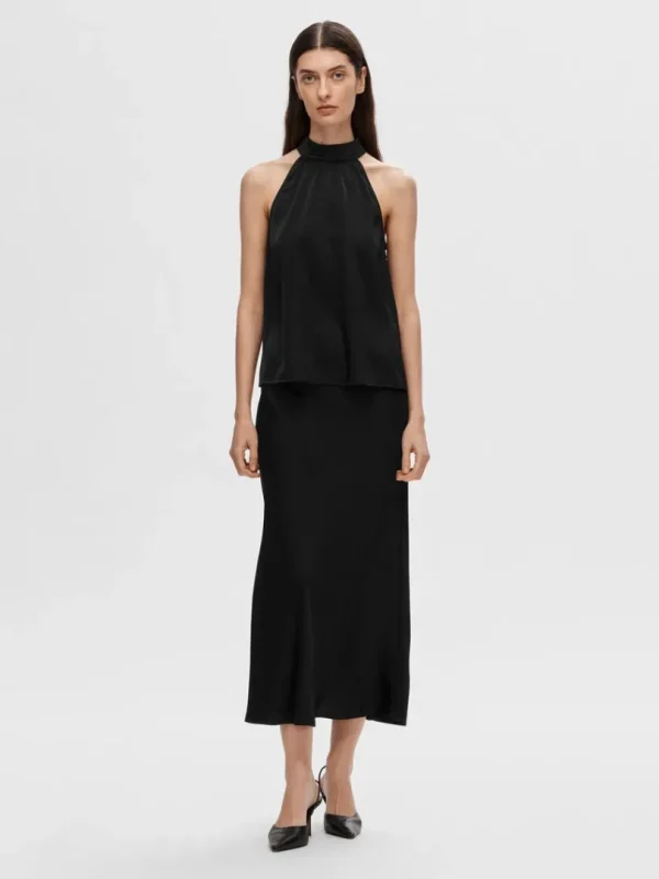 Toppe Og Bluser>SELECTED SATIN HALTERNECK TOP Black