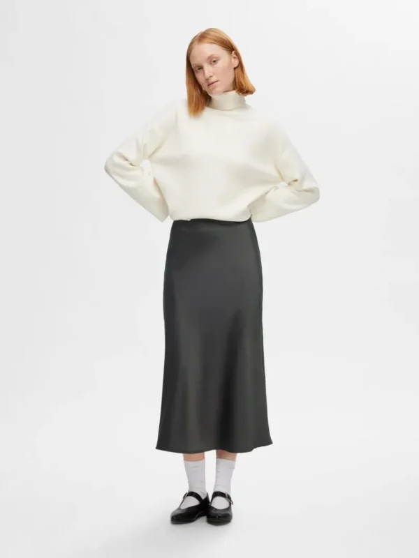 Nederdele>SELECTED SATIN MIDINEDERDEL Grey