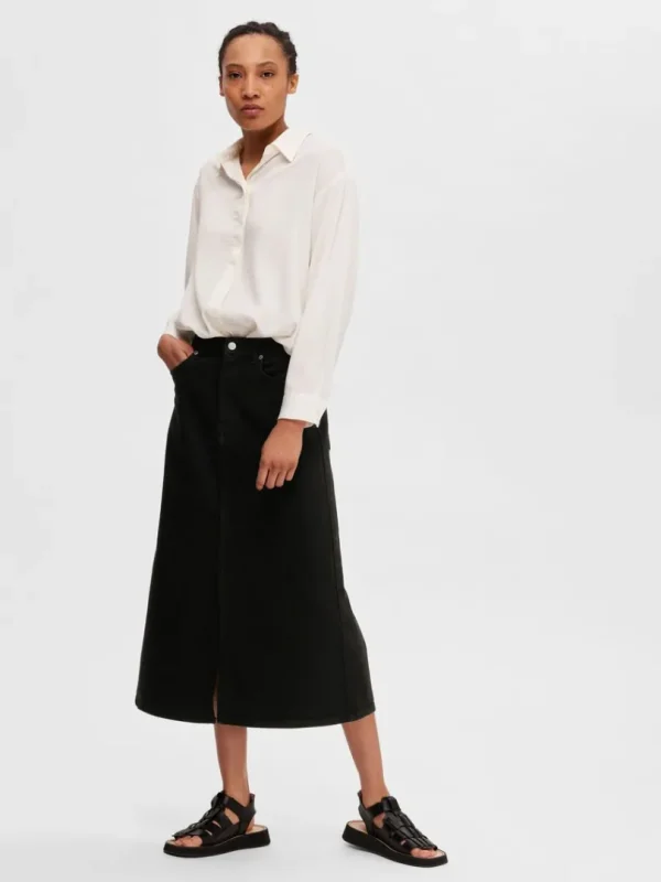 Nederdele>SELECTED SORT DENIM MIDINEDERDEL Black