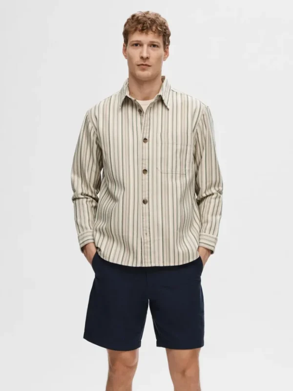 Overtøj | Skjorter>SELECTED STRIBET BOMULD OVERSHIRT Beige