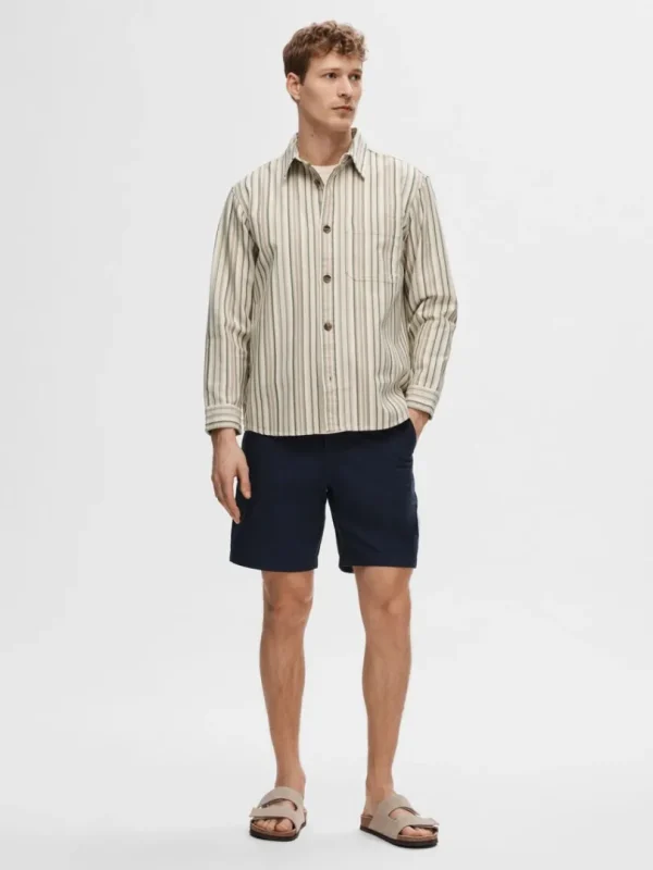 Overtøj | Skjorter>SELECTED STRIBET BOMULD OVERSHIRT Beige