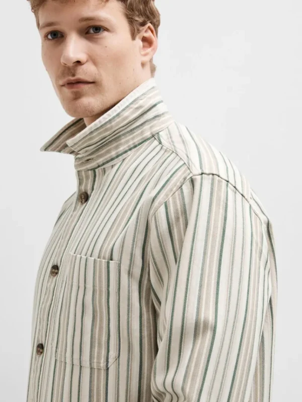 Overtøj | Skjorter>SELECTED STRIBET BOMULD OVERSHIRT Beige