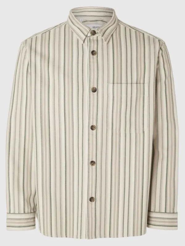 Overtøj | Skjorter>SELECTED STRIBET BOMULD OVERSHIRT Beige