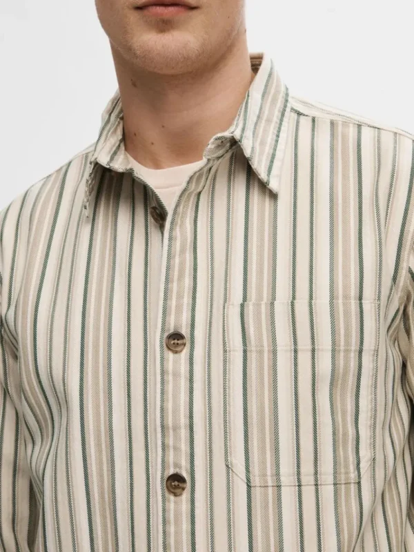 Overtøj | Skjorter>SELECTED STRIBET BOMULD OVERSHIRT Beige