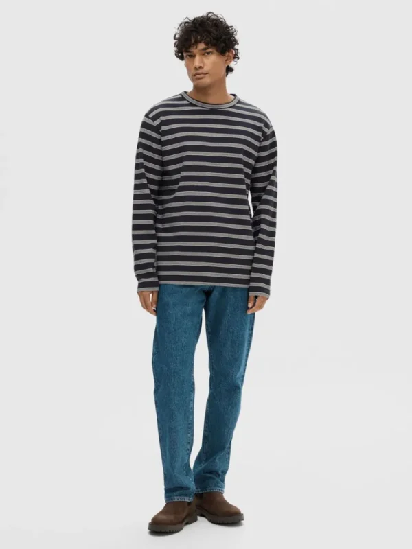 Hættetrøjer & Sweatshirts>SELECTED STRIBET BOMULD SWEATSHIRT Blue