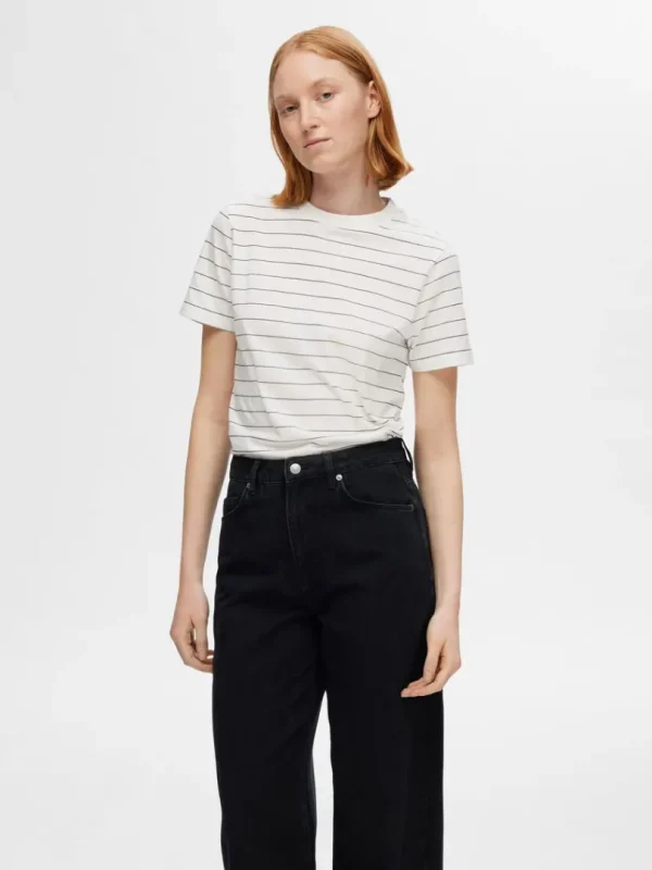 T-shirts>SELECTED STRIBET BOMULD T-SHIRT White