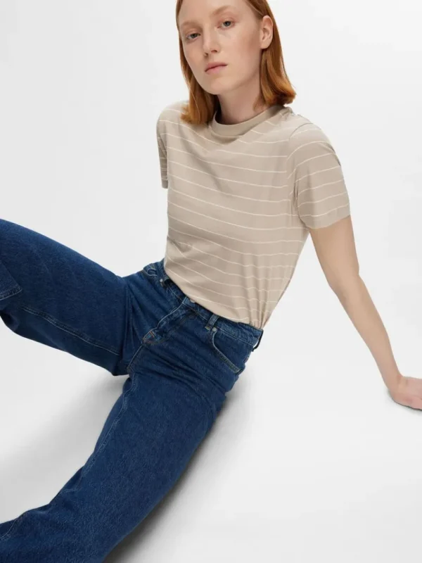 T-shirts>SELECTED STRIBET BOMULD T-SHIRT Beige