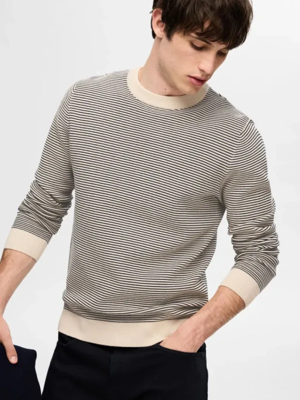 Strik>SELECTED STRIBET CREWNECK STRIKTRØJE Beige