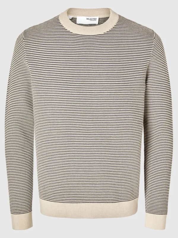 Strik>SELECTED STRIBET CREWNECK STRIKTRØJE Beige