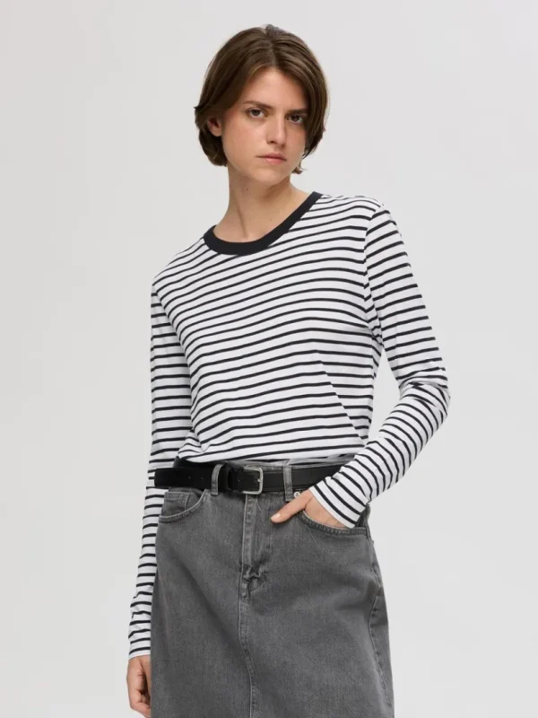 T-shirts>SELECTED STRIBET LANGÆRMET T-SHIRT Black