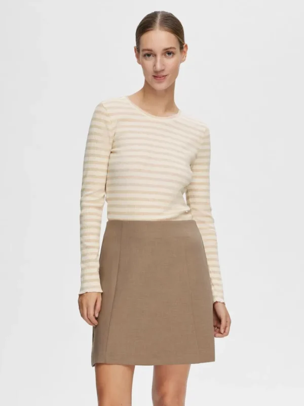 T-shirts>SELECTED STRIBET LANGÆRMET T-SHIRT Beige